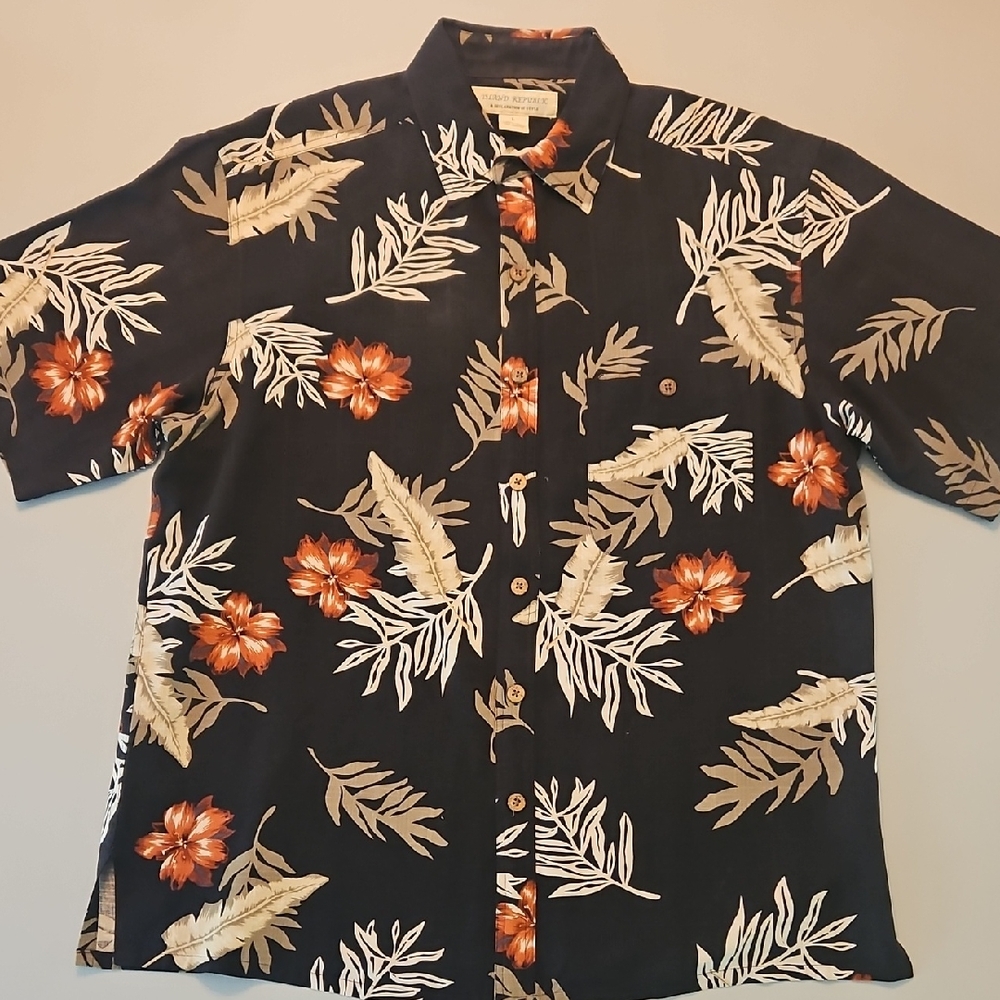 Island Republic Black Hawaiian Silk Palms Casual Shirt